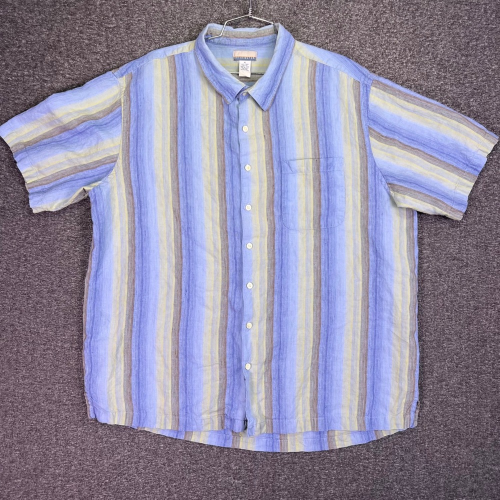Breakwater Shirt Mens XL Striped 100% Linen Coastal Nautical Summer Beach Button